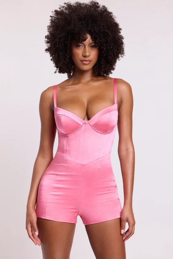 Romera Satin Corset Mini Playsuit in Pink Romera Satin Corset Mini Playsuit in Pink
