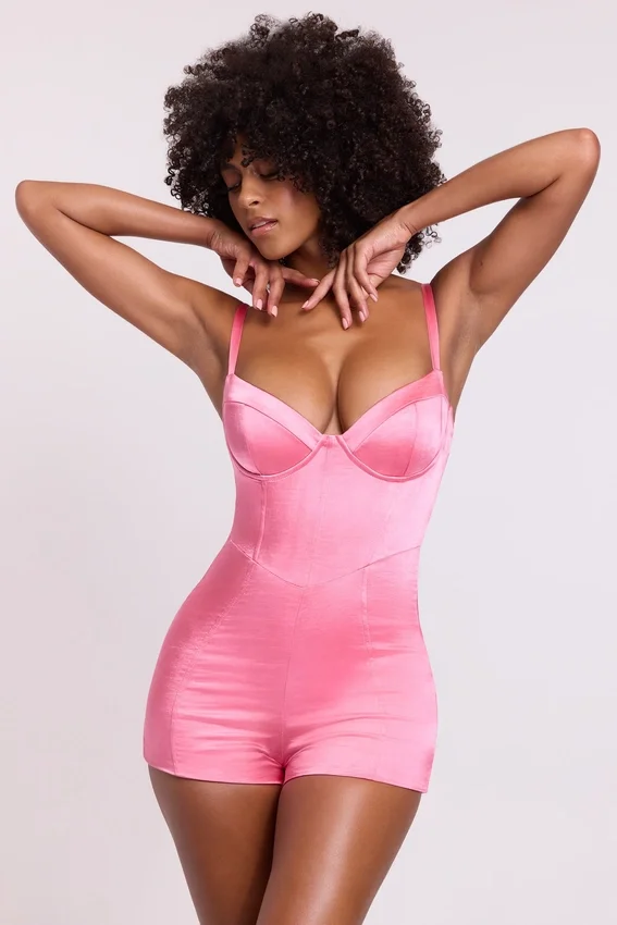 Romera Satin Corset Mini Playsuit in Pink Romera Satin Corset Mini Playsuit in Pink