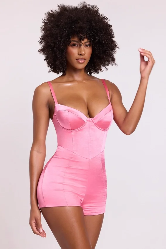 Romera Satin Corset Mini Playsuit in Pink Romera Satin Corset Mini Playsuit in Pink