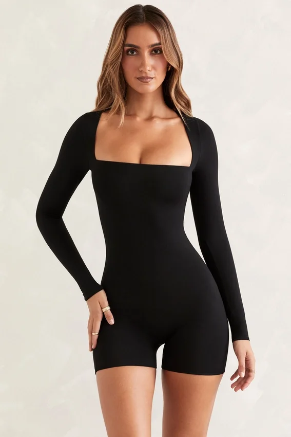 Rue Long Sleeve Square Neck Unitard in Black Rue Long Sleeve Square Neck Unitard in Black