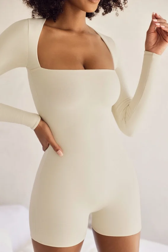 Rue Long Sleeve Square Neck Unitard in Ivory Rue Long Sleeve Square Neck Unitard in Ivory
