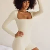 Rue Long Sleeve Square Neck Unitard in Ivory Rue Long Sleeve Square Neck Unitard in Ivory