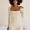 Rue Long Sleeve Square Neck Unitard in Ivory Rue Long Sleeve Square Neck Unitard in Ivory