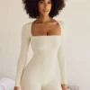 Rue Long Sleeve Square Neck Unitard in Ivory Rue Long Sleeve Square Neck Unitard in Ivory