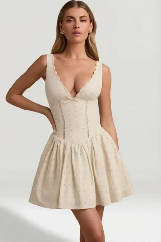 Sabina Broderie Anglaise Bow-Detail A-Line Mini Dress in Ivory Sabina Broderie Anglaise Bow-Detail A-Line Mini Dress in Ivory