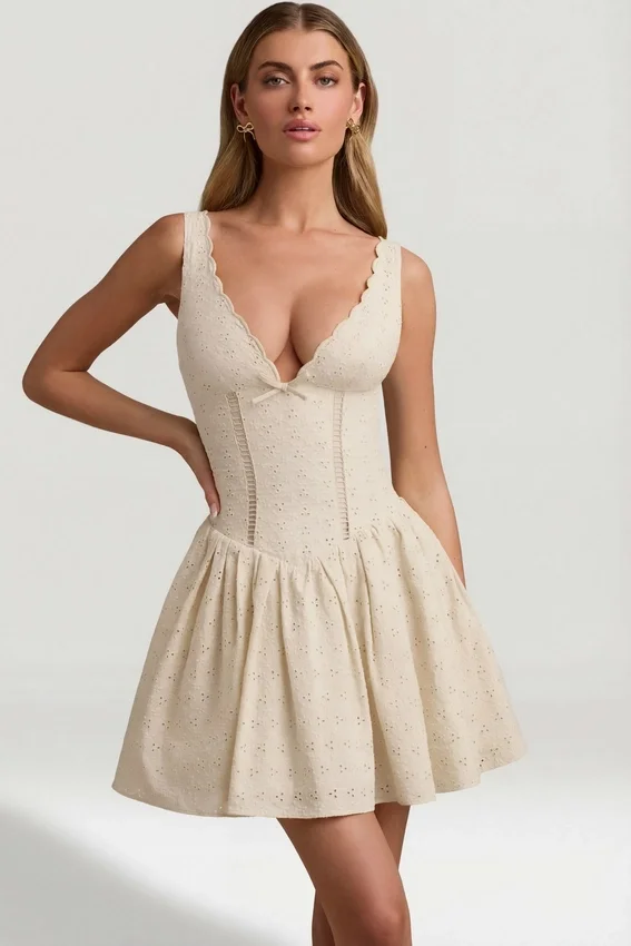 Sabina Broderie Anglaise Bow-Detail A-Line Mini Dress in Ivory Sabina Broderie Anglaise Bow-Detail A-Line Mini Dress in Ivory