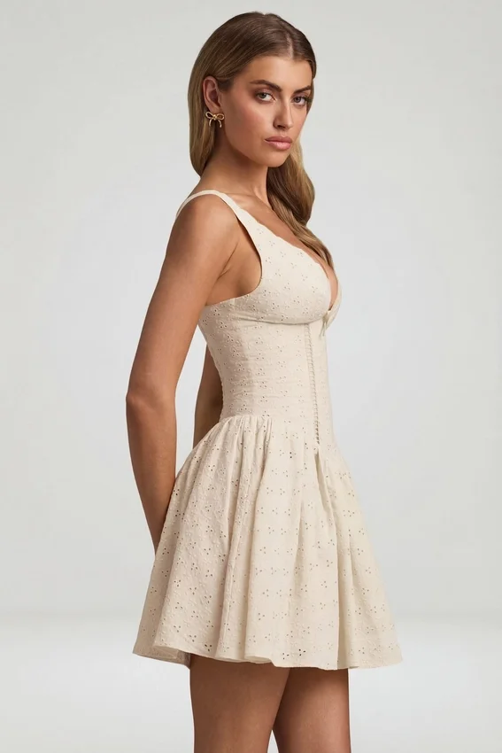 Sabina Broderie Anglaise Bow-Detail A-Line Mini Dress in Ivory Sabina Broderie Anglaise Bow-Detail A-Line Mini Dress in Ivory