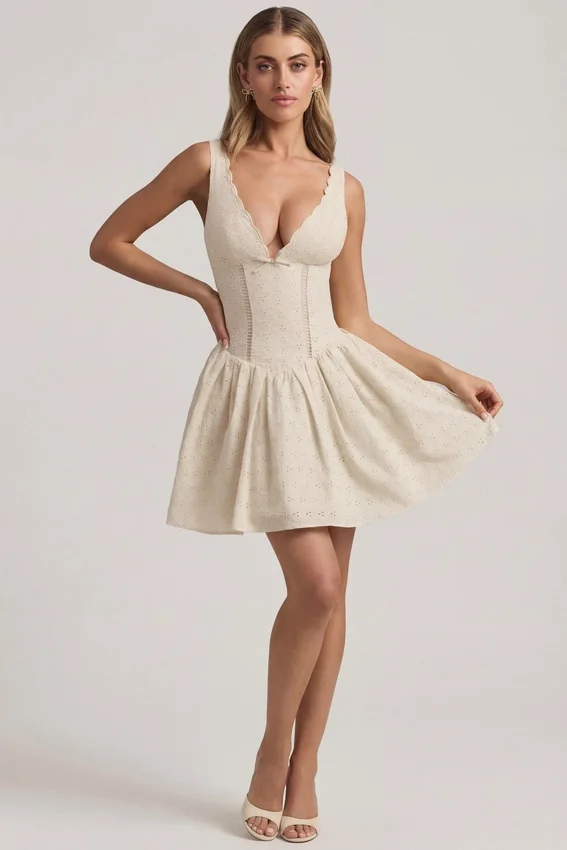 Sabina Broderie Anglaise Bow-Detail A-Line Mini Dress in Ivory Sabina Broderie Anglaise Bow-Detail A-Line Mini Dress in Ivory