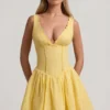 Sabina Broderie Anglaise Bow-Detail A-Line Mini Dress in Pastel Yellow Sabina Broderie Anglaise Bow-Detail A-Line Mini Dress in Pastel Yellow