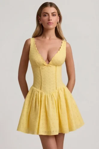Sabina Broderie Anglaise Bow-Detail A-Line Mini Dress in Pastel Yellow Sabina Broderie Anglaise Bow-Detail A-Line Mini Dress in Pastel Yellow