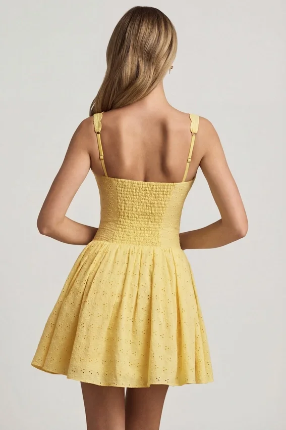 Sabina Broderie Anglaise Bow-Detail A-Line Mini Dress in Pastel Yellow Sabina Broderie Anglaise Bow-Detail A-Line Mini Dress in Pastel Yellow