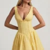 Sabina Broderie Anglaise Bow-Detail A-Line Mini Dress in Pastel Yellow Sabina Broderie Anglaise Bow-Detail A-Line Mini Dress in Pastel Yellow
