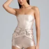 Sasha Metallic Denim Belted Corset Playsuit in Champagne Sasha Metallic Denim Belted Corset Playsuit in Champagne