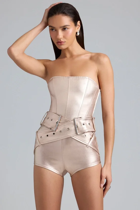 Sasha Metallic Denim Belted Corset Playsuit in Champagne Sasha Metallic Denim Belted Corset Playsuit in Champagne