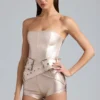 Sasha Metallic Denim Belted Corset Playsuit in Champagne Sasha Metallic Denim Belted Corset Playsuit in Champagne