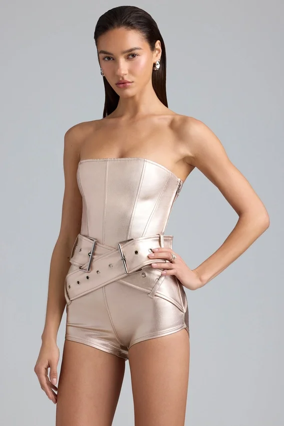 Sasha Metallic Denim Belted Corset Playsuit in Champagne Sasha Metallic Denim Belted Corset Playsuit in Champagne
