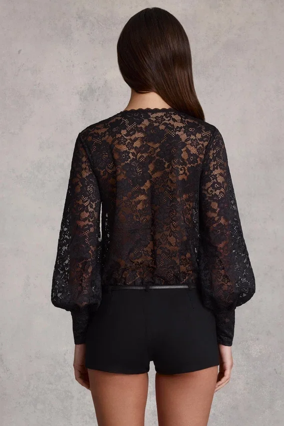 Serenya Sheer Lace Plunge-Neck Loose-Fit Playsuit in Black Serenya Sheer Lace Plunge-Neck Loose-Fit Playsuit in Black