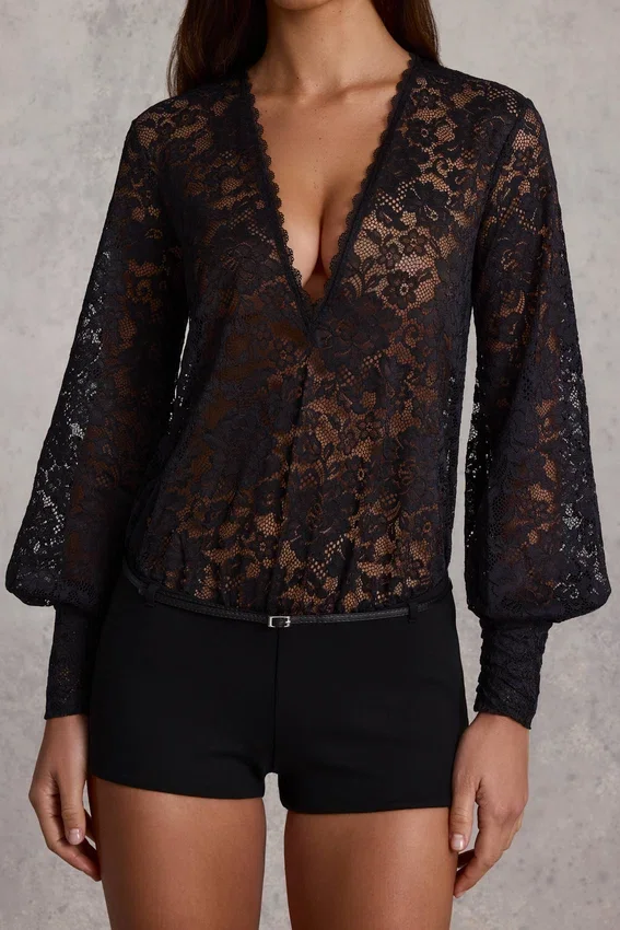 Serenya Sheer Lace Plunge-Neck Loose-Fit Playsuit in Black Serenya Sheer Lace Plunge-Neck Loose-Fit Playsuit in Black