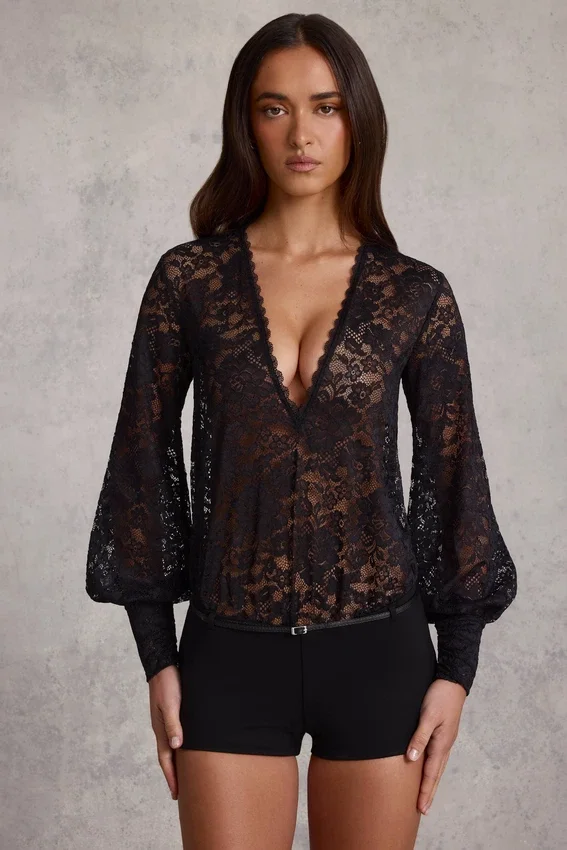 Serenya Sheer Lace Plunge-Neck Loose-Fit Playsuit in Black Serenya Sheer Lace Plunge-Neck Loose-Fit Playsuit in Black