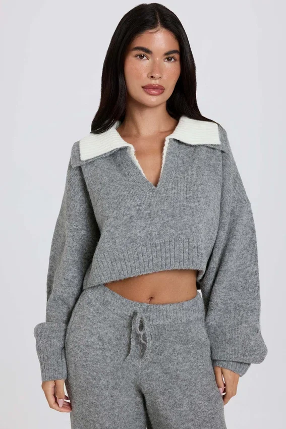 Soft Knit Layered Collar Cropped Jumper in Grey Soft Knit Layered Collar Cropped Jumper in Grey