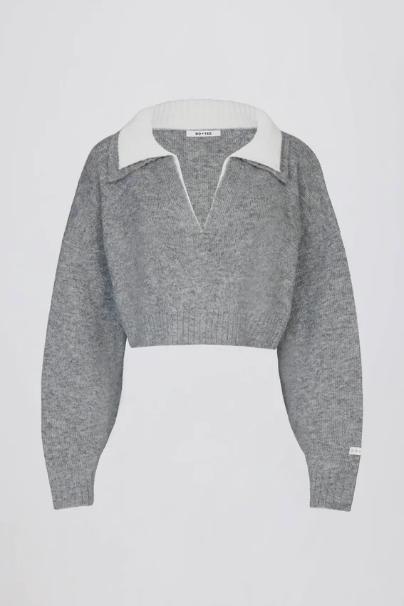 Soft Knit Layered Collar Cropped Jumper in Grey Soft Knit Layered Collar Cropped Jumper in Grey