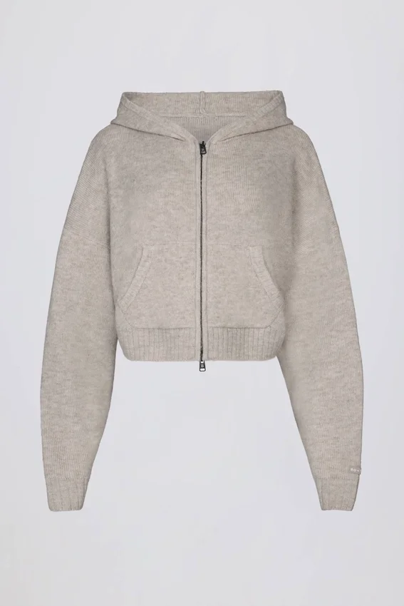 Soft Knit Zip-Up Cropped Hoodie in Beige Soft Knit Zip-Up Cropped Hoodie in Beige