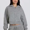 Soft Knit Zip-Up Cropped Hoodie in Grey Soft Knit Zip-Up Cropped Hoodie in Grey