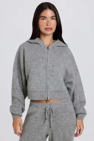 Soft Knit Zip-Up Cropped Hoodie in Grey Soft Knit Zip-Up Cropped Hoodie in Grey