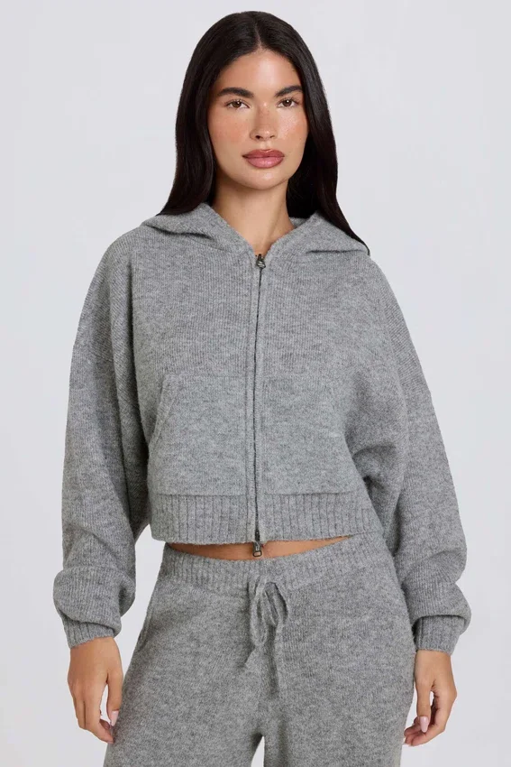 Soft Knit Zip-Up Cropped Hoodie in Grey Soft Knit Zip-Up Cropped Hoodie in Grey