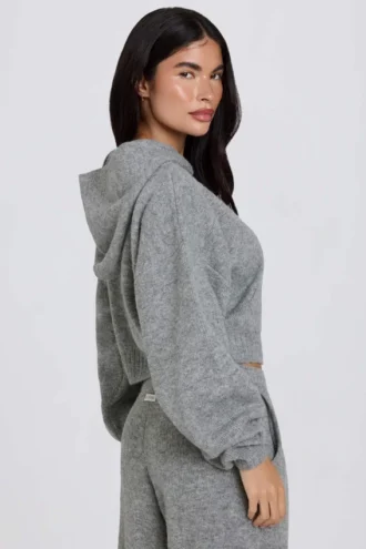 Soft Knit Zip-Up Cropped Hoodie in Grey Soft Knit Zip-Up Cropped Hoodie in Grey