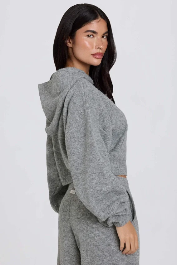 Soft Knit Zip-Up Cropped Hoodie in Grey Soft Knit Zip-Up Cropped Hoodie in Grey