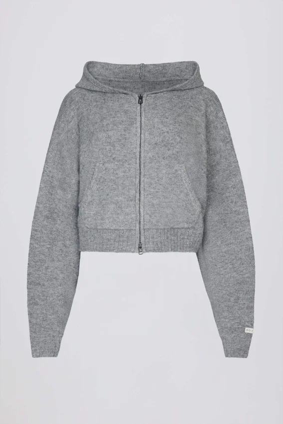 Soft Knit Zip-Up Cropped Hoodie in Grey Soft Knit Zip-Up Cropped Hoodie in Grey