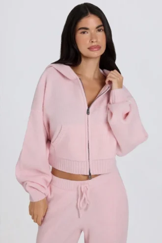 Soft Knit Zip-Up Cropped Hoodie in Soft Pink Soft Knit Zip-Up Cropped Hoodie in Soft Pink