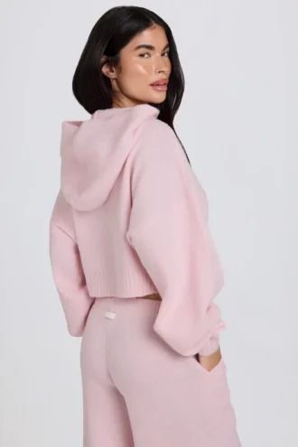 Soft Knit Zip-Up Cropped Hoodie in Soft Pink Soft Knit Zip-Up Cropped Hoodie in Soft Pink