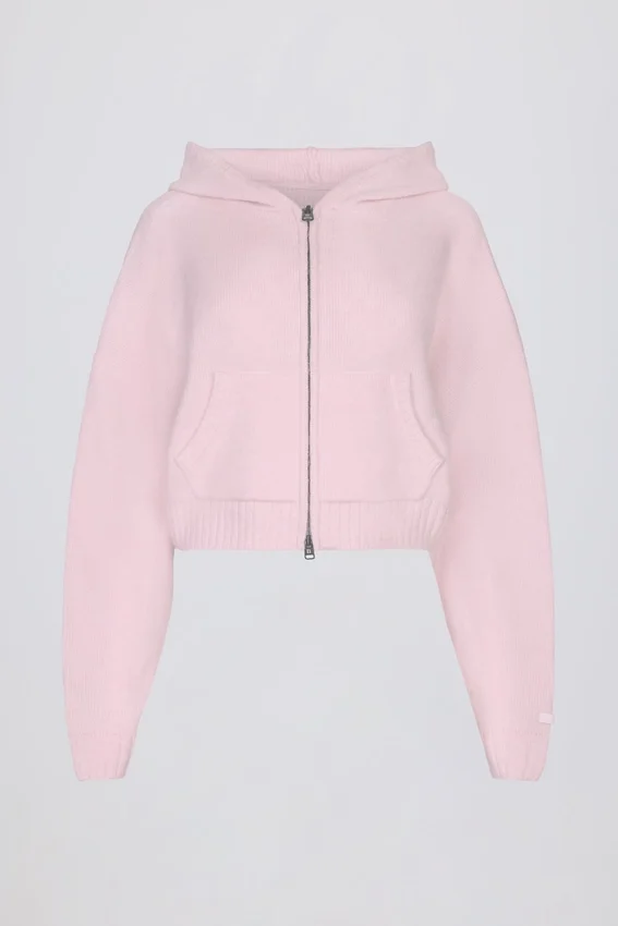 Soft Knit Zip-Up Cropped Hoodie in Soft Pink Soft Knit Zip-Up Cropped Hoodie in Soft Pink