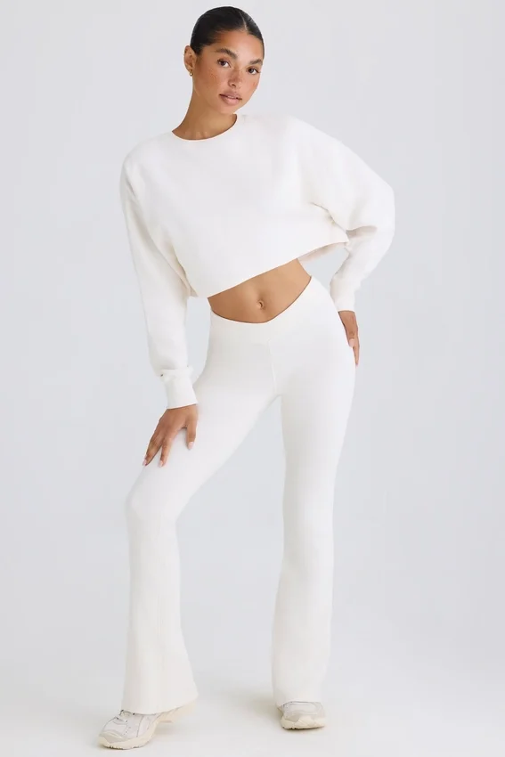 Textured Cotton Jersey Flared Trousers in White Textured Cotton Jersey Flared Trousers in White