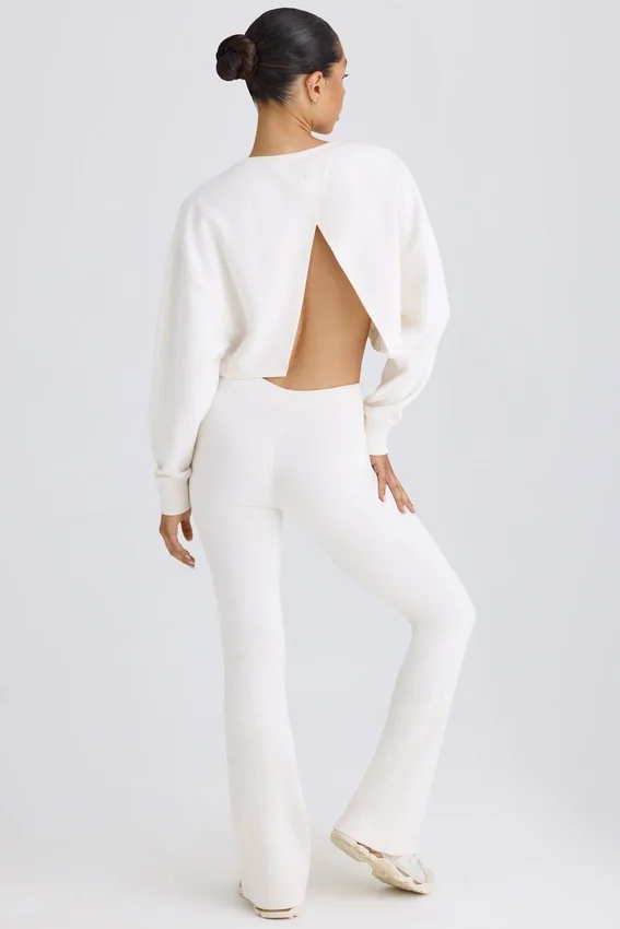 Textured Cotton Jersey Flared Trousers in White Textured Cotton Jersey Flared Trousers in White