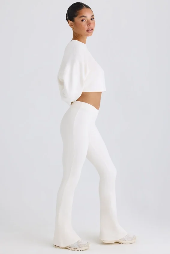 Textured Cotton Jersey Flared Trousers in White Textured Cotton Jersey Flared Trousers in White