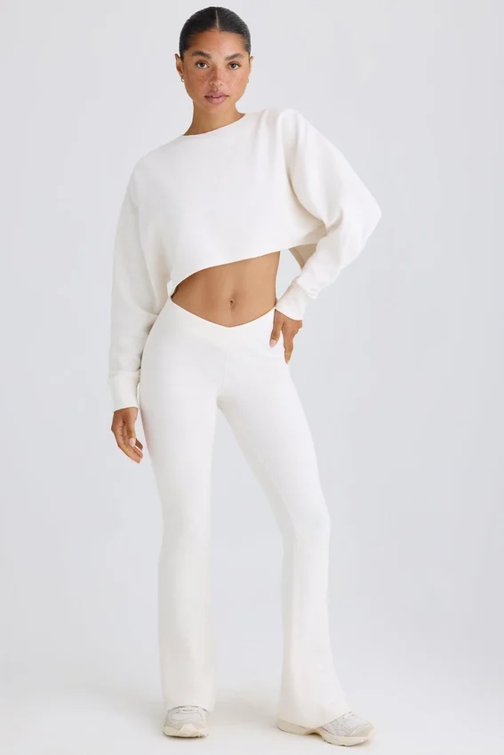 Textured Cotton Jersey Flared Trousers in White Textured Cotton Jersey Flared Trousers in White