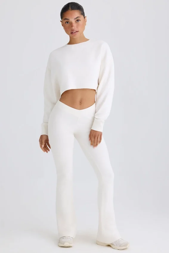 Textured Cotton Jersey Flared Trousers in White Textured Cotton Jersey Flared Trousers in White