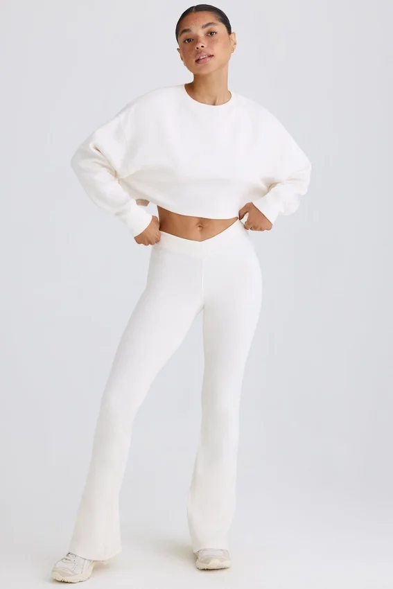 Textured Cotton Jersey Flared Trousers in White Textured Cotton Jersey Flared Trousers in White