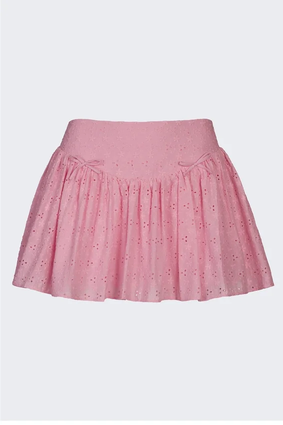 Thia Bow-Detail Broderie Anglaise Mini Skirt in Soft Pink Thia Bow-Detail Broderie Anglaise Mini Skirt in Soft Pink