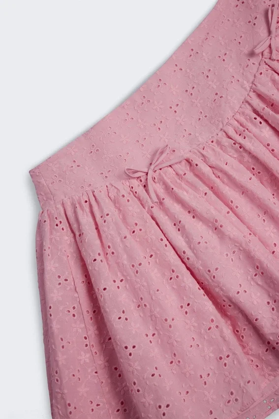Thia Bow-Detail Broderie Anglaise Mini Skirt in Soft Pink Thia Bow-Detail Broderie Anglaise Mini Skirt in Soft Pink