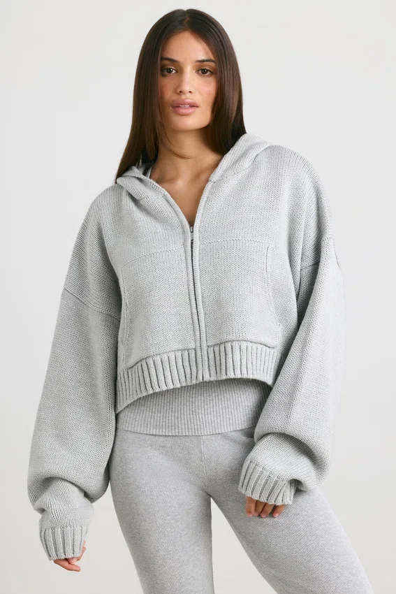 TRUE Cropped Zip Up Chunky Knit Hoodie in Heather Grey TRUE Cropped Zip Up Chunky Knit Hoodie in Heather Grey