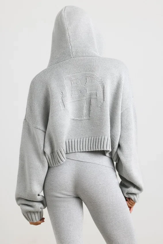 TRUE Cropped Zip Up Chunky Knit Hoodie in Heather Grey TRUE Cropped Zip Up Chunky Knit Hoodie in Heather Grey