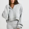 TRUE Cropped Zip Up Chunky Knit Hoodie in Heather Grey TRUE Cropped Zip Up Chunky Knit Hoodie in Heather Grey