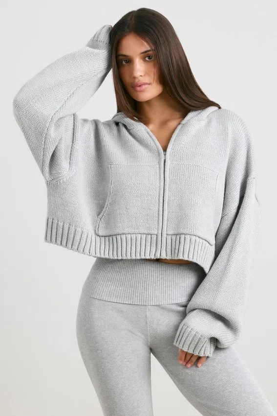 TRUE Cropped Zip Up Chunky Knit Hoodie in Heather Grey TRUE Cropped Zip Up Chunky Knit Hoodie in Heather Grey