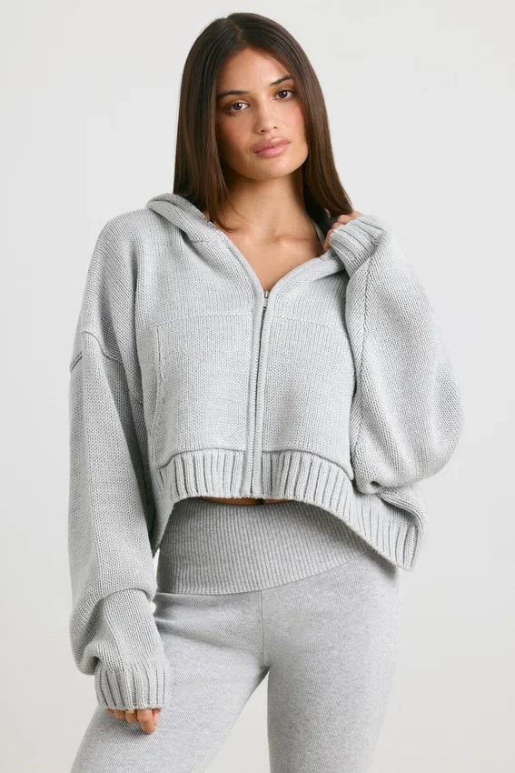 TRUE Cropped Zip Up Chunky Knit Hoodie in Heather Grey TRUE Cropped Zip Up Chunky Knit Hoodie in Heather Grey