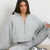 TRUE Cropped Zip Up Chunky Knit Hoodie in Heather Grey TRUE Cropped Zip Up Chunky Knit Hoodie in Heather Grey