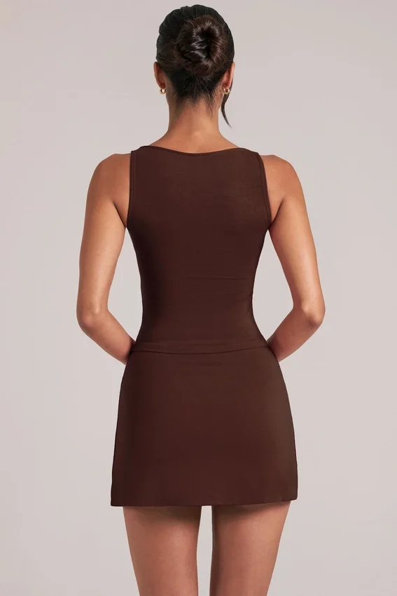 Tula Mid-Rise Bodycon Ultra Mini Skirt with Split in Chocolate Brown Tula Mid-Rise Bodycon Ultra Mini Skirt with Split in Chocolate Brown